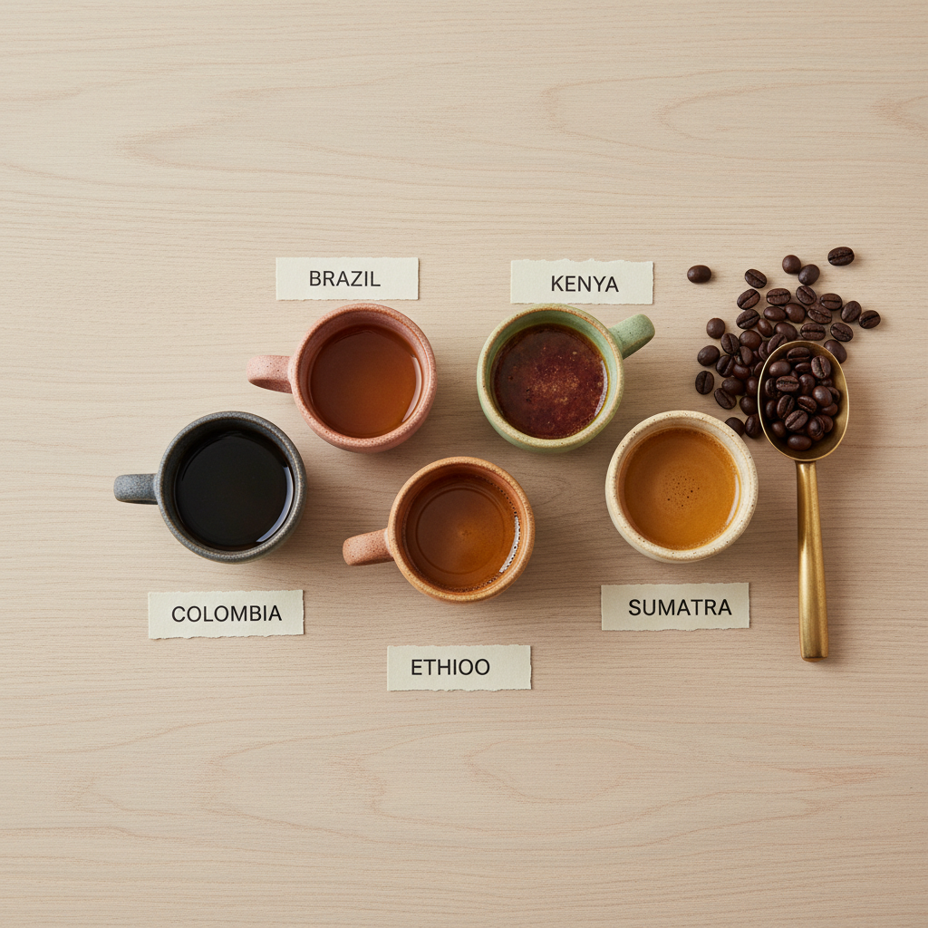 An overhead view of an elegant coffee tasting setup featuring five small ceramic cups, each a different muted earth tone, arranged in a precise semi-circle on a light oak table. Each cup holds a distinct brew: inky dark roast, amber medium, golden light roast, and two richly colored specialty coffees. Beneath each cup, narrow handmade paper tags show neatly printed origin names. Soft, diffused daylight from above eliminates harsh shadows and creates an even, clean, photographic realism. A brass coffee scoop rests to the side, spilling a few aromatic beans. The composition uses deliberate negative space and a balanced, editorial aesthetic, conveying a refined, educational mood about exploring coffee from around the world.